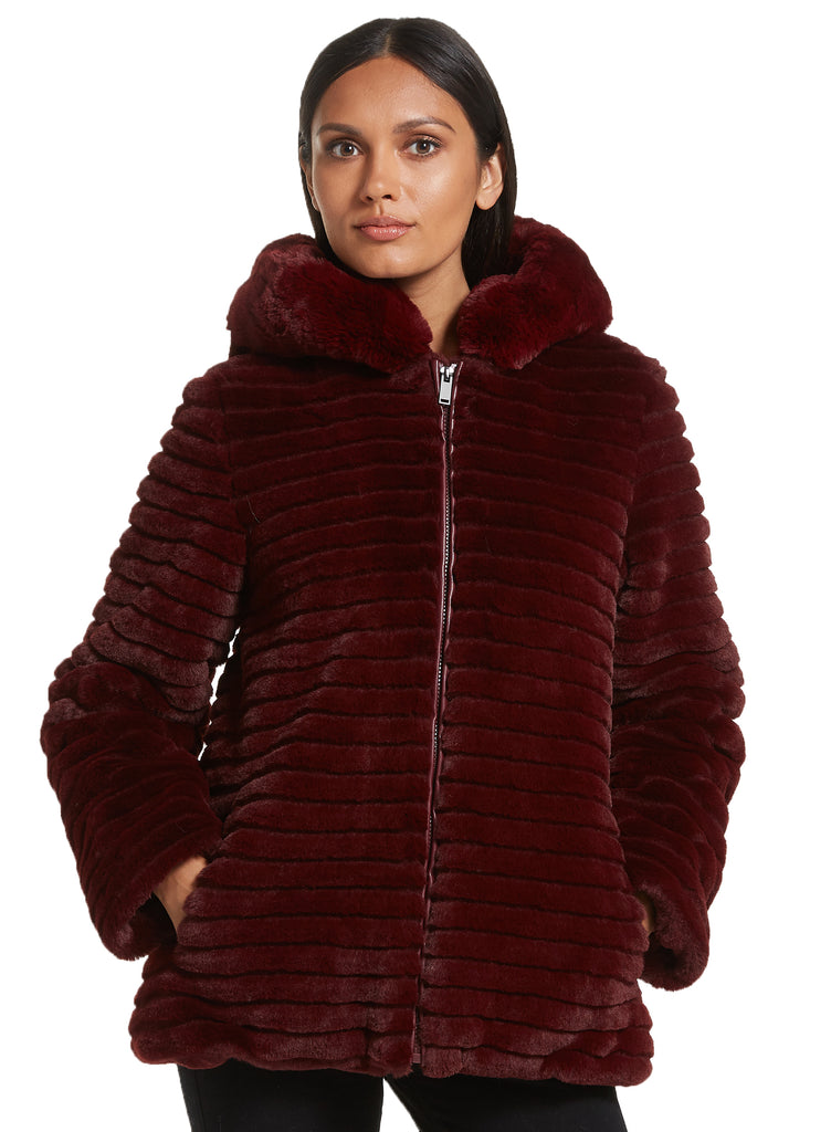 Thin Ridged Hooded Faux Fur Jacket