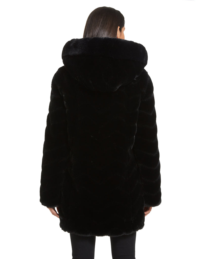 Chevron Sculpted Faux Fur Hooded Jacket with Faux Fox Trim