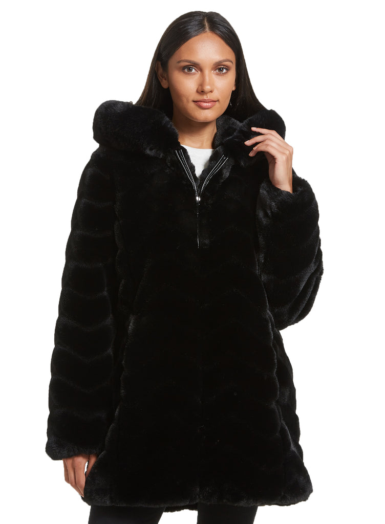 Chevron Sculpted Faux Fur Hooded Jacket with Faux Fox Trim