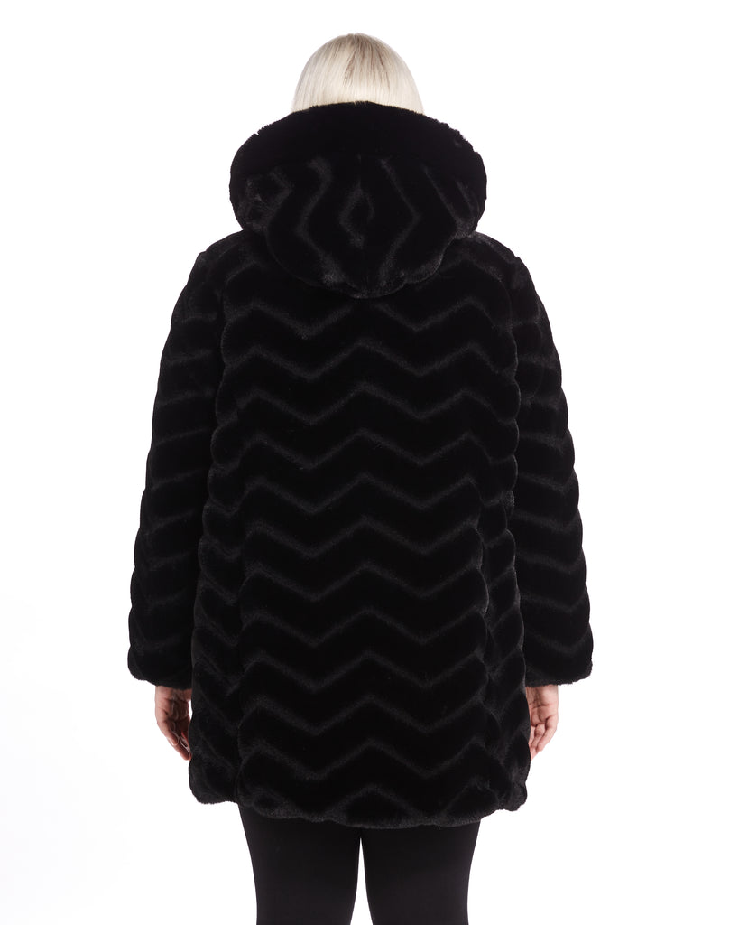 Chevron Sculpted Faux Fur Hooded Jacket with Faux Fox Trim
