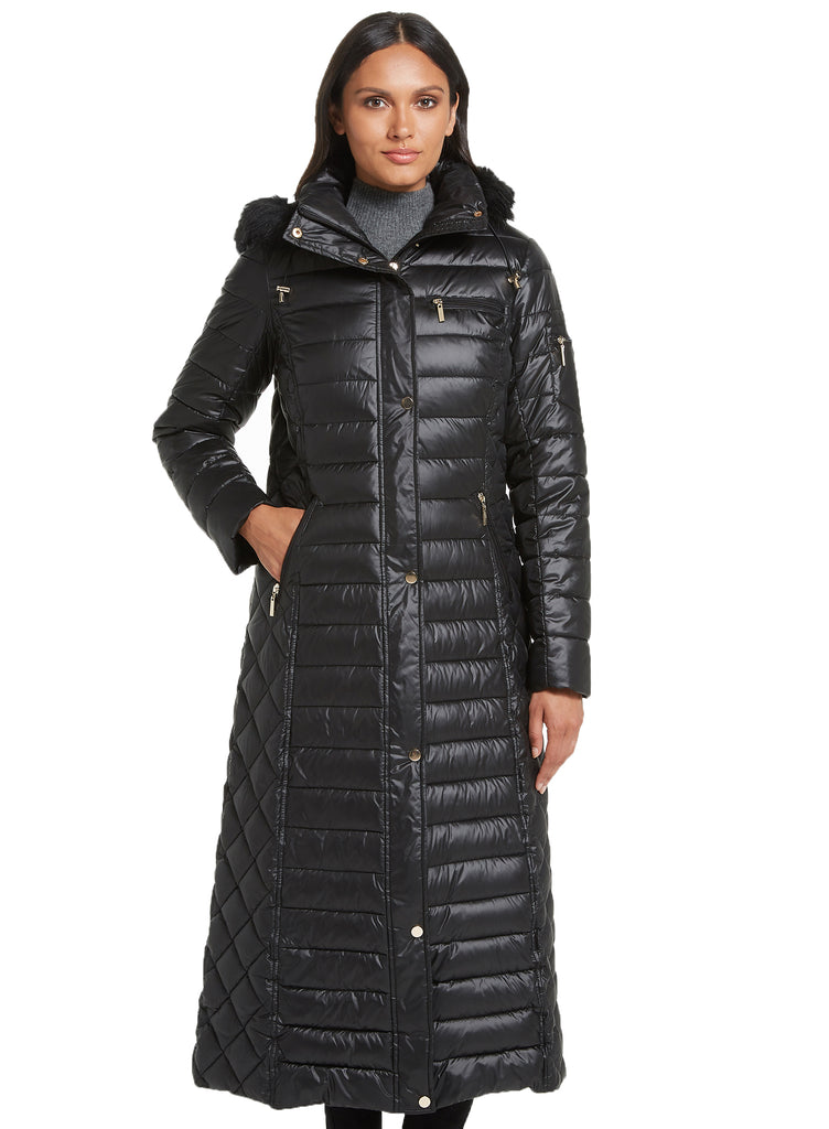 Long Zip Front Faux Down Puffer with Detachable Faux Fur Trimmed Hood