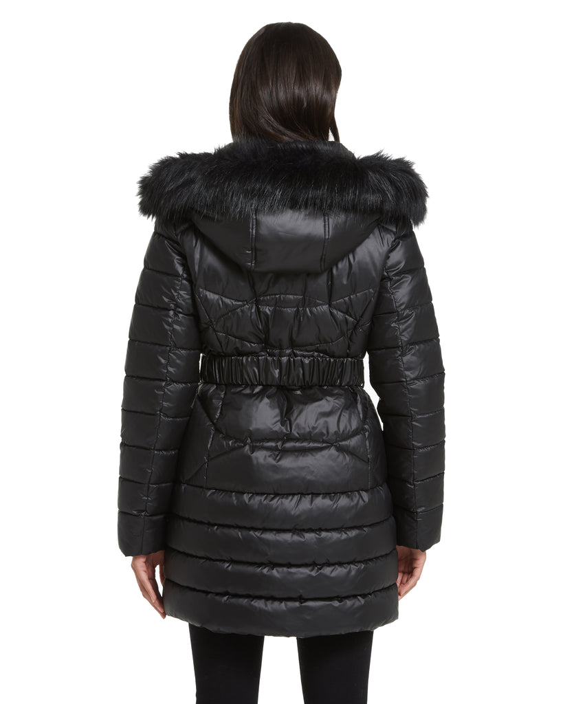 ¾ Length Faux Down Belted Fashion Puffer
