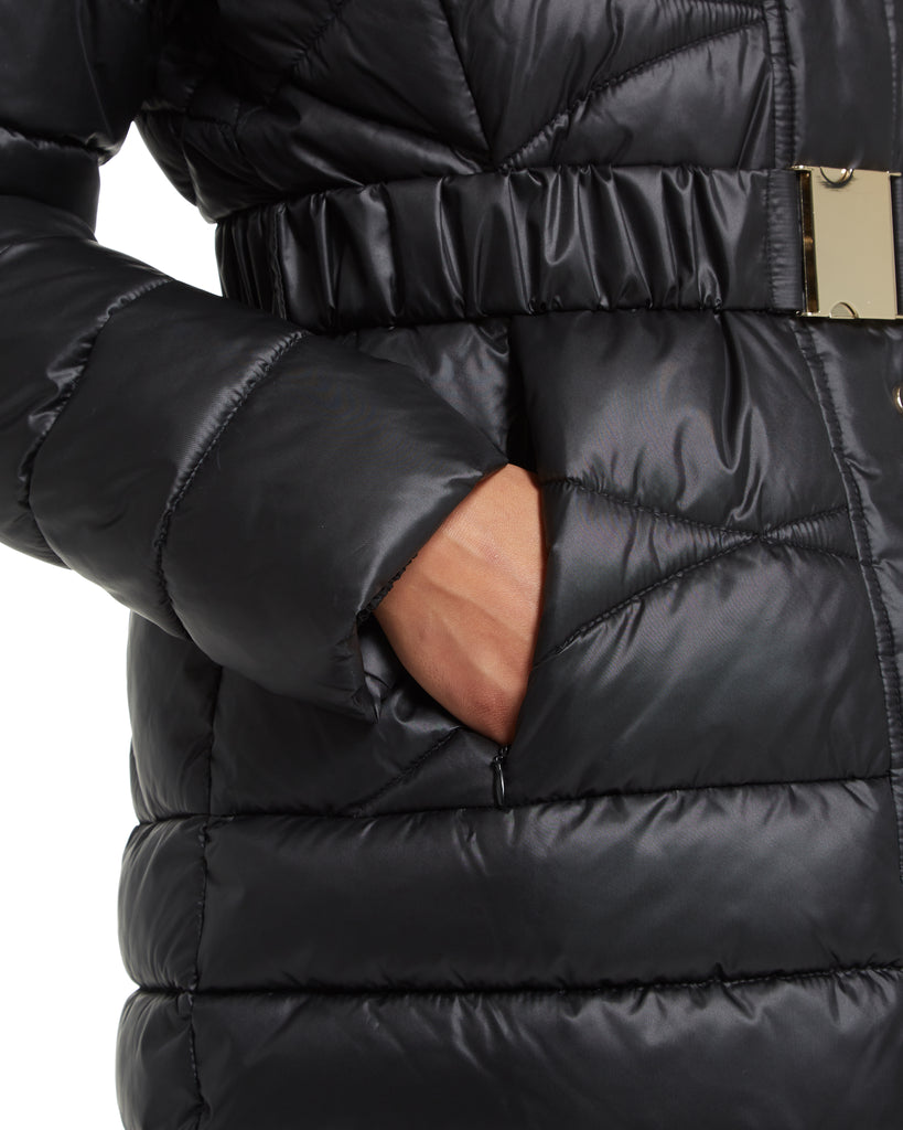 ¾ Length Faux Down Belted Fashion Puffer